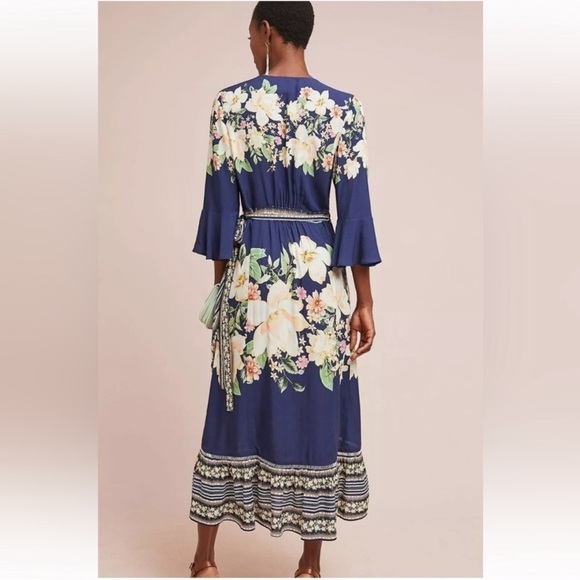 Farm Rio Anthropologie‎ Midnight Flower Wrap Dress 3/4 Sleeves Blue SP - Picture 2 of 16